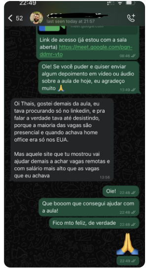 Depoimento de aluno 1 no WhatsApp
