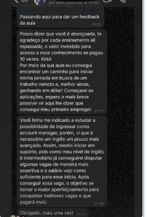 Depoimento de aluno 4 no WhatsApp